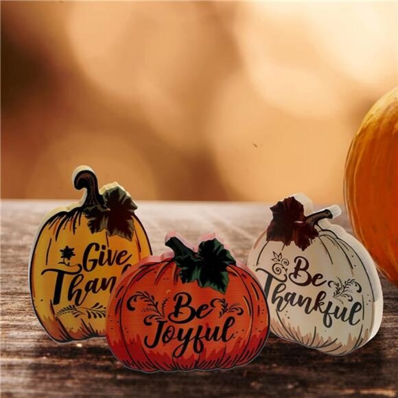 3 Pieces Thanksgiving Fall Decor Pumpkin Wood Sign Give Thanks Be Thankful - Picture 6 of 8